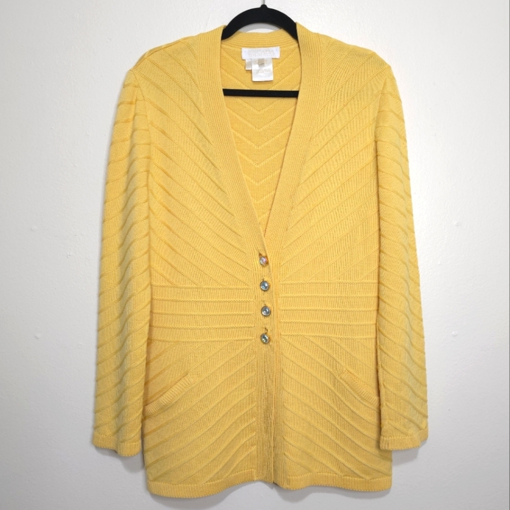 Vintage Escada Yellow Wool Chevron Knit Cardigan Sweater Germany Size 38/Medium